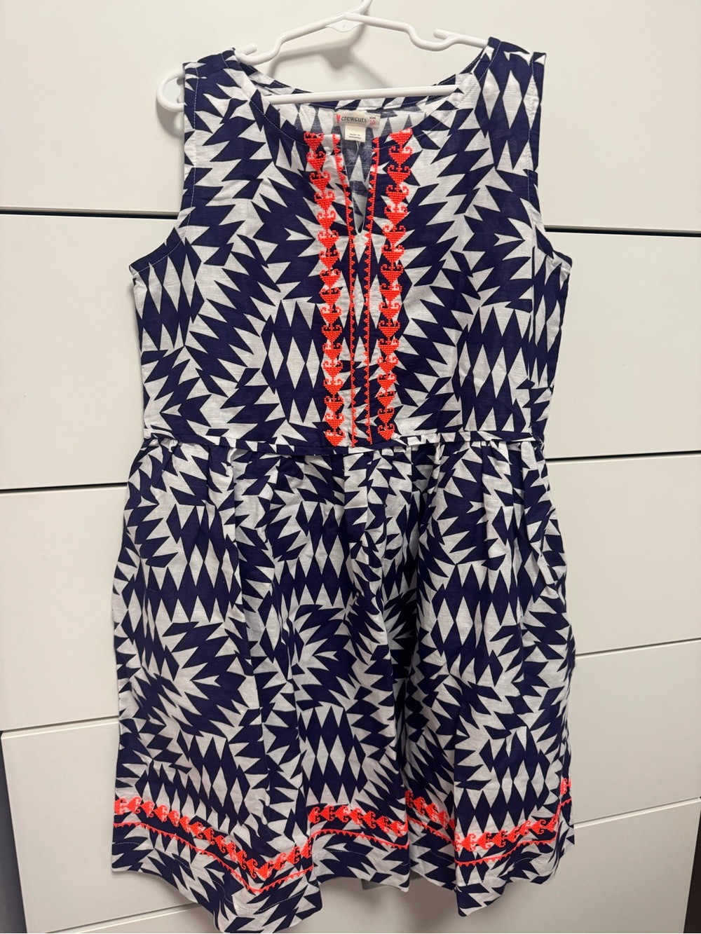 Crewcuts Navy and White Geometric Dress with Coral Trim